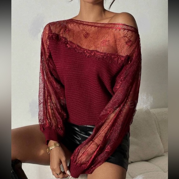 Comfy Elegant Sheer Mesh Lace Boat Neck Batwing Sleeve Sweater Top Burgundy - Picture 1 of 15